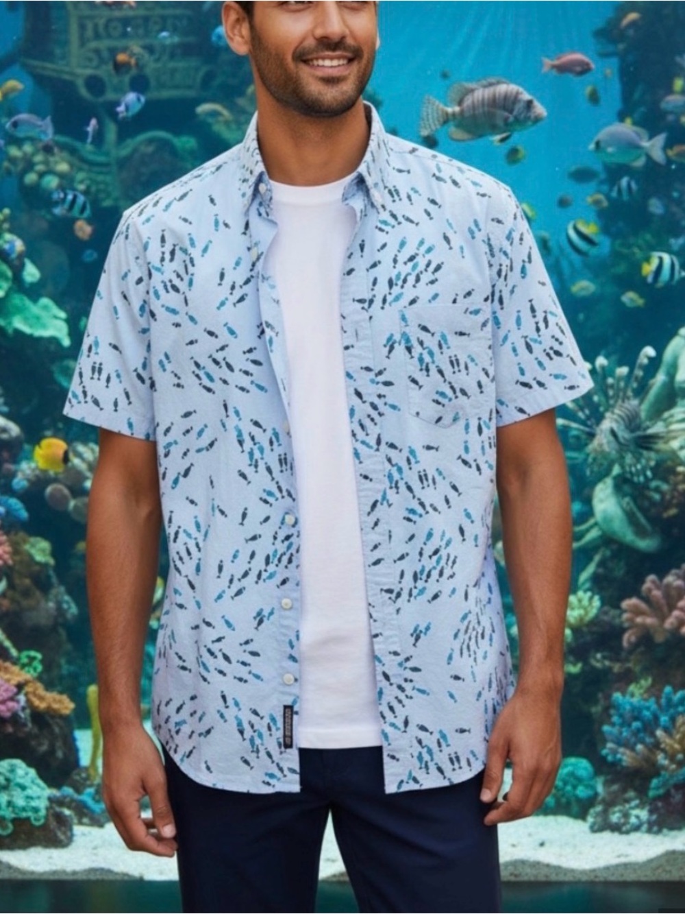 J.Crew  Blue Fish Print Short Sleeve Shirt Slim